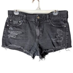 American Eagle Hi-Rise Festival Shorts Womens 10 Black Distressed Frayed Denim
